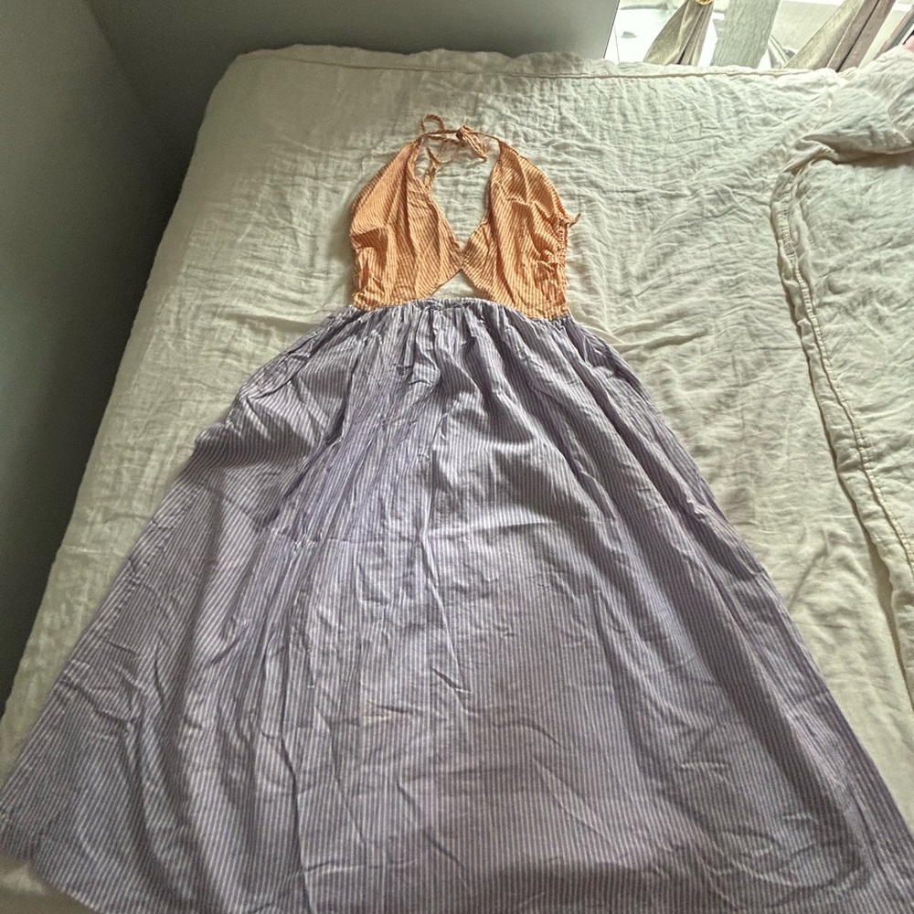 TACH Striped Halter Maxi Dress in Orange and Light Blue